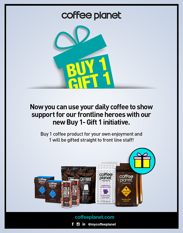 Introducing Buy 1 - Gift 1! Now you can use your daily coffee to show support for our #frontlineheroes with our new Buy 1- Gift 1 initiative. Buy 1 coffee product for your own enjoyment and 1 will be gifted from you, direct to front line staff! bit.ly/CPBuy1Gift1
