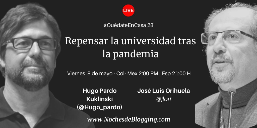 jlori's tweet photo. Viernes 8 de mayo a las 21:00h (CET) en las #NochesDeBlogging de @blogpocket con @Hugo_pardo para "Repensar la universidad tras la pandemia". En directo: https://t.co/JTYqeyrW87 https://t.co/82QKyZWUl1