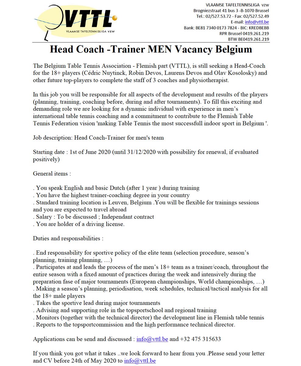 🏓🏓Head Coach - Trainer MEN Vacancy Belgium🏓🏓