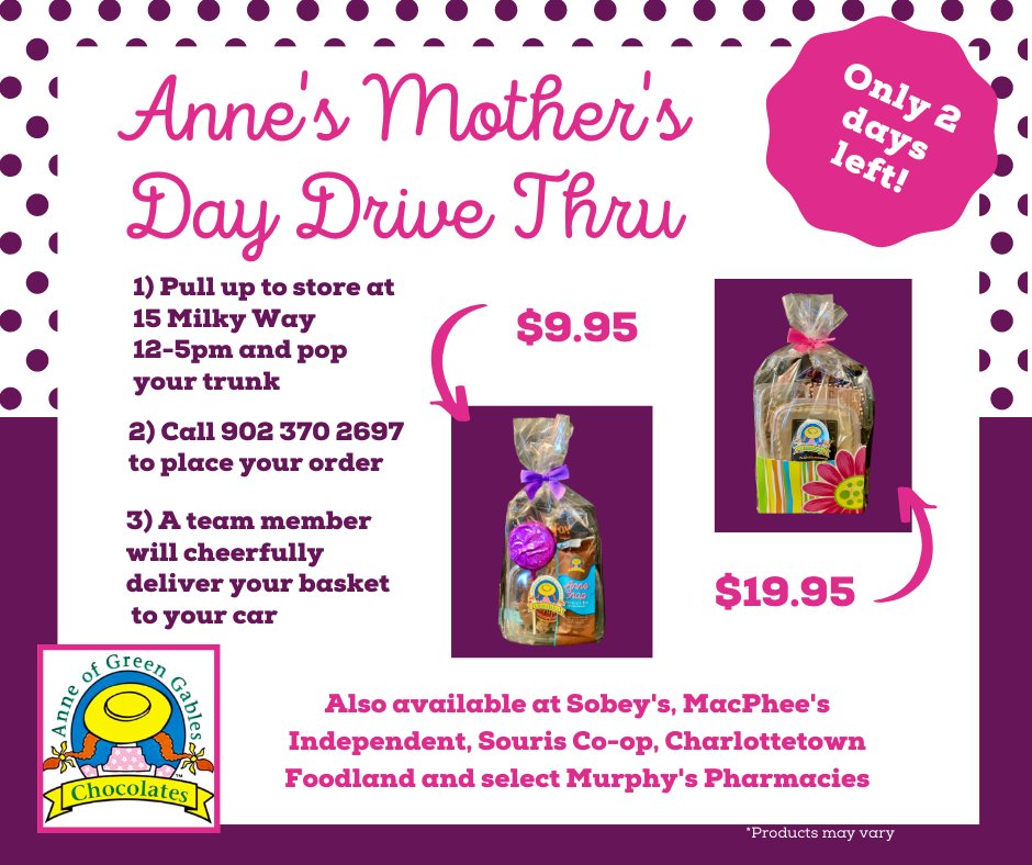 #LocalLove #SupportLocal #MothersDay2020

Small Basket: 50g Lucky Fox Caramel Corn, Small COW Chips, Chocolate Bar &amp; Chocolate Sucker.
$9.95

Large Basket: 50g Lucky Fox Caramel Corn, Small COW Chips, Brown Sugar Fudge, 6 Piece Boxed Chocolates ( box may vary)
$19.95