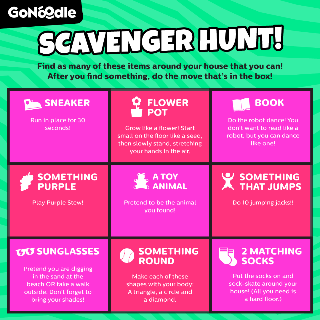 LilycroftSch's tweet photo. It's time for a scavenger hunt!🧐😃🔍
Find the item and do the move that's in the box!
#BeActive #SchoolRule
@GoNoodle https://t.co/acEUoA3nDu