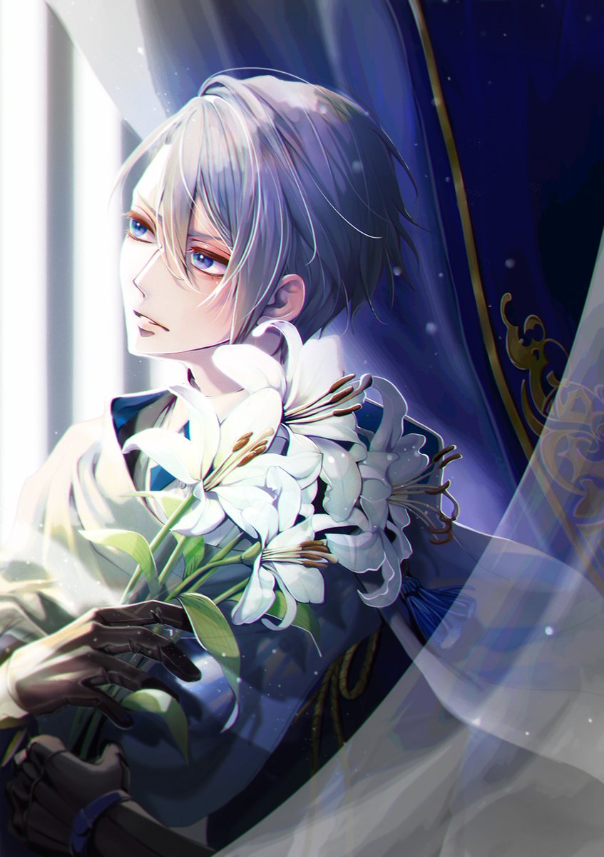 flower 1boy male focus curtains blue eyes lily (flower) solo  illustration images