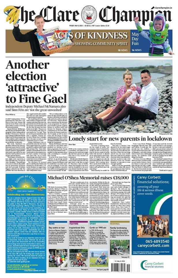DeeGlynn_'s tweet photo. Our beautiful daughter Ida is already front page news and she’s not even a month old @charlieglynn 🥰 Thank you @ClareChampion #pandemicbaby #kilrush https://t.co/cxCWZ40jnk