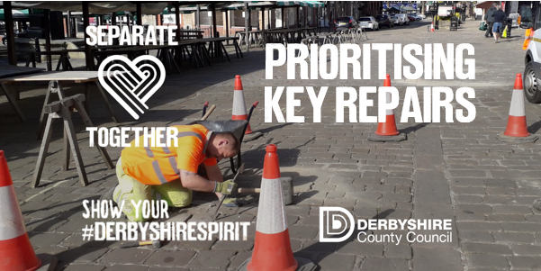 Derbyshirecc's tweet photo. We’re still out and about mending potholes and other damage on the roads &amp; pavements that could be dangerous. Here’s Ben out fixing the stones in Chesterfield market place. #DerbyshireSpirit #ThanksDerbyshire #ThanksKeyWorkers https://t.co/wygiTYWg9y