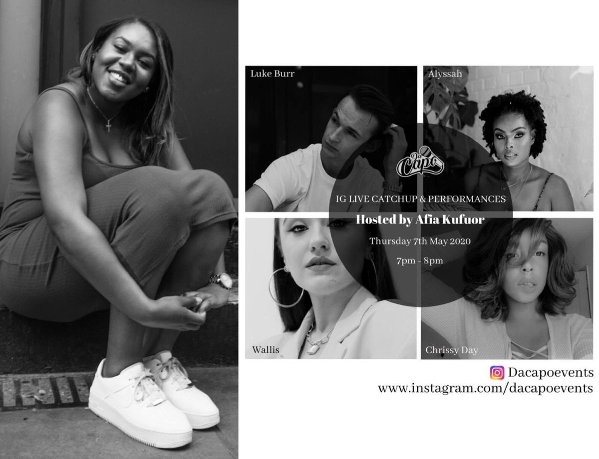 afiakufuor's tweet photo. HOSTING A LIVE MUSIC SHOW TONIGHT @ 7PM !! 

No cheeks, no milk, no money just pure talent from @LukeBurr, @wallismcdowall, @alyssahmusiq + Chrissy Day 

Tune in live on IG @Dacapoevents (https://t.co/dXplqZ3oEF) 🥳 https://t.co/qQOajTWAxI