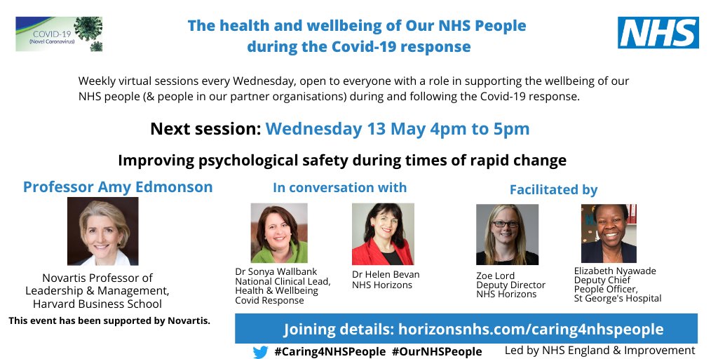 HorizonsNHS's tweet photo. Next week's virtual wellbeing session will be about improving psychological safety during times of rapid change.

@AmyCEdmondson will be in conversation with @SonyaWallbank @helenbevan 

Wednesday 13 May, 4pm to 5pm

Joining details: https://t.co/VSKhVIuijp

#Caring4NHSPeople https://t.co/0J1aEsRphR