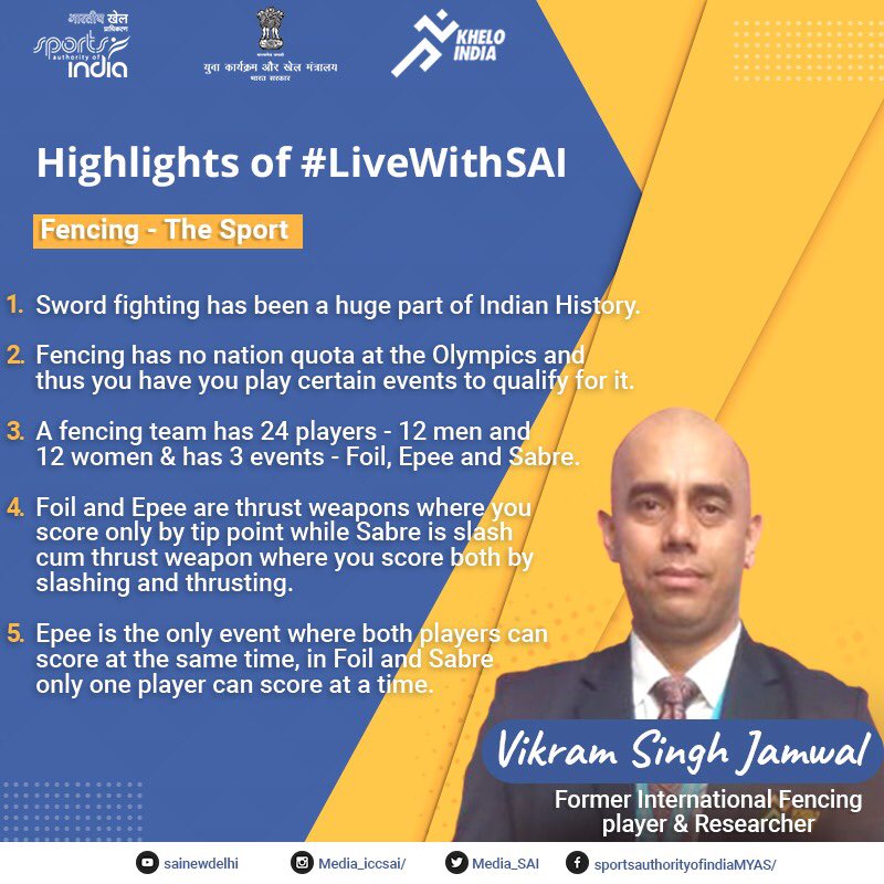 Media_SAI's tweet photo. Make some time to know more about 'Fencing-The Sport' today. Watch #VikramSinghJamwal's interesting session from #LiveWithSAI now on YouTube.
▶️ https://t.co/w92FpVH1eF
#IndiaFightsCorona
@KirenRijiju @DGSAI @RijijuOffice @PIB_India @PMOIndia @IndiaSports @YASMinistry @mygovindia https://t.co/s60AKcFsBo