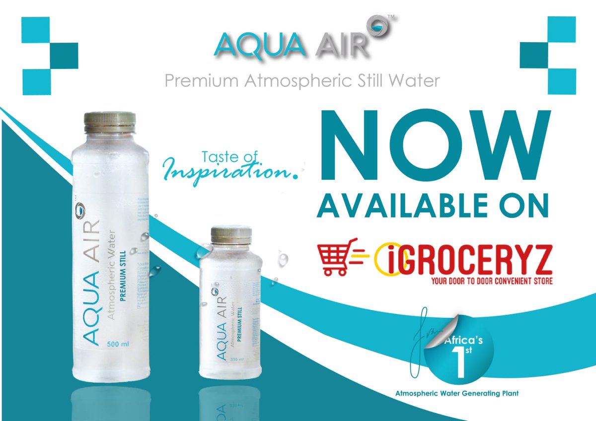Aqua_Air_Africa's tweet photo. Aqua Air premium atmospheric water is now available at #iGroceryz . Get your hydration fix delivered at your door!
#LockdownEssential
#StayHomeHydrated
#PremiumHydration https://t.co/SFLVzfPISB