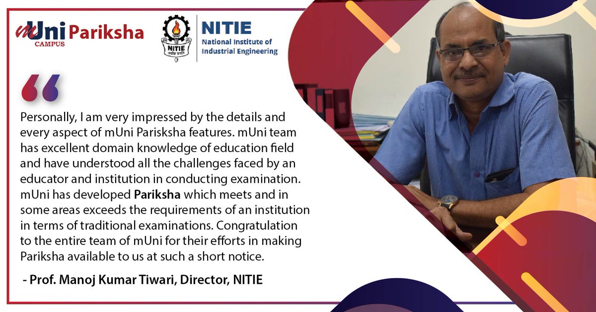 municampus's tweet photo. #NITIE has successfully leveraged mUni Pariksha for conducting online examinations

Here's what Prof. Manoj Kumar Tiwari, Director, National Institute of Industrial Engineering @NITIE_Mumbai has to say.

#OnlineEducationPlatform #mUniPariksha #Digitalisation #OnlineAssessment https://t.co/6gePzbzvWJ