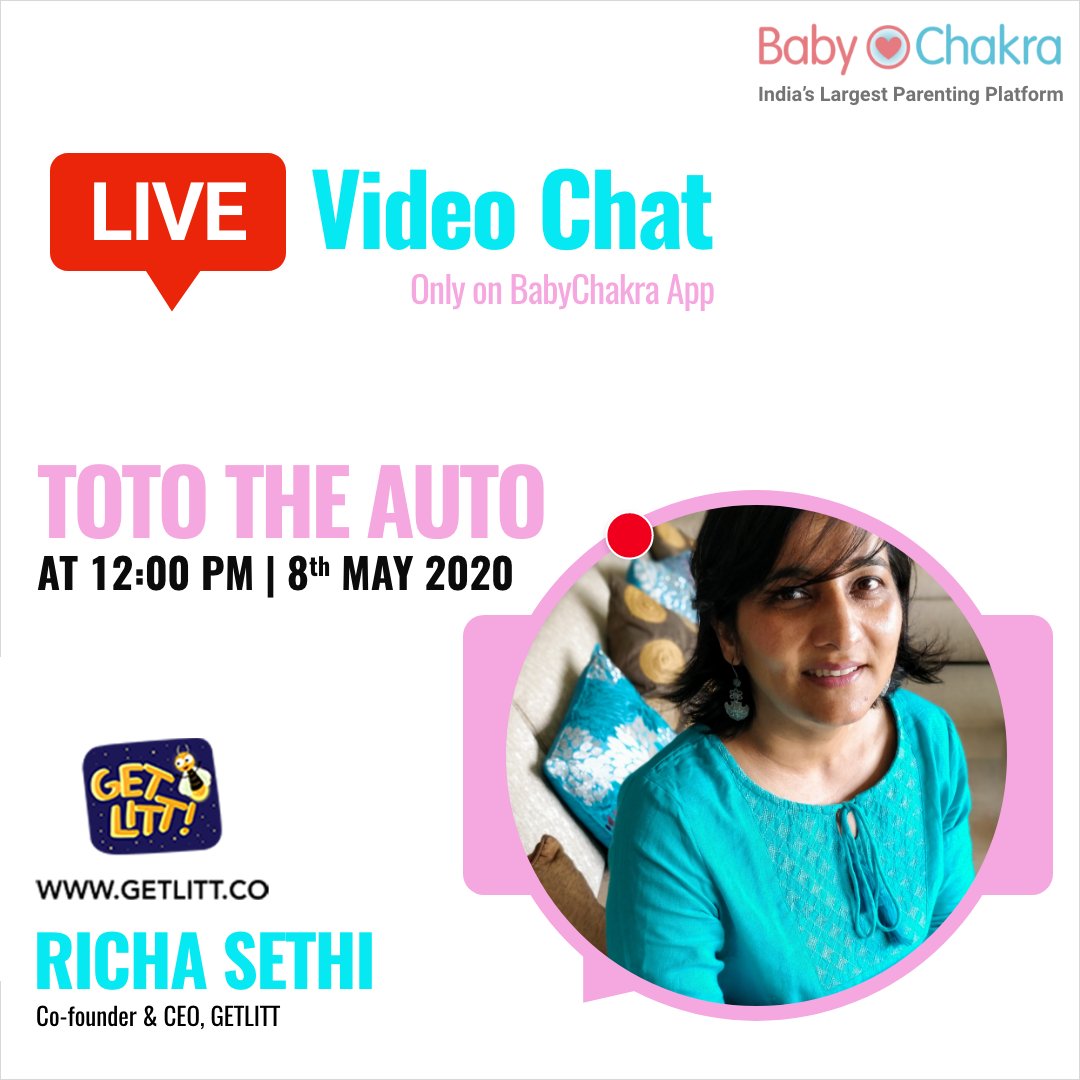 GetLittnow's tweet photo. Mark your calendars! The fourth live video chat with Richa Sethi (Getlitt! Co-founder) and Baby Chakra is happening tomorrow! 
Richa will be reading from the book 'Toto the Auto' tomorrow at 12 pm on the Baby Chakra App. 
Read the book on Getlitt! https://t.co/HKY6fj1pPv. https://t.co/UixRMxZmey