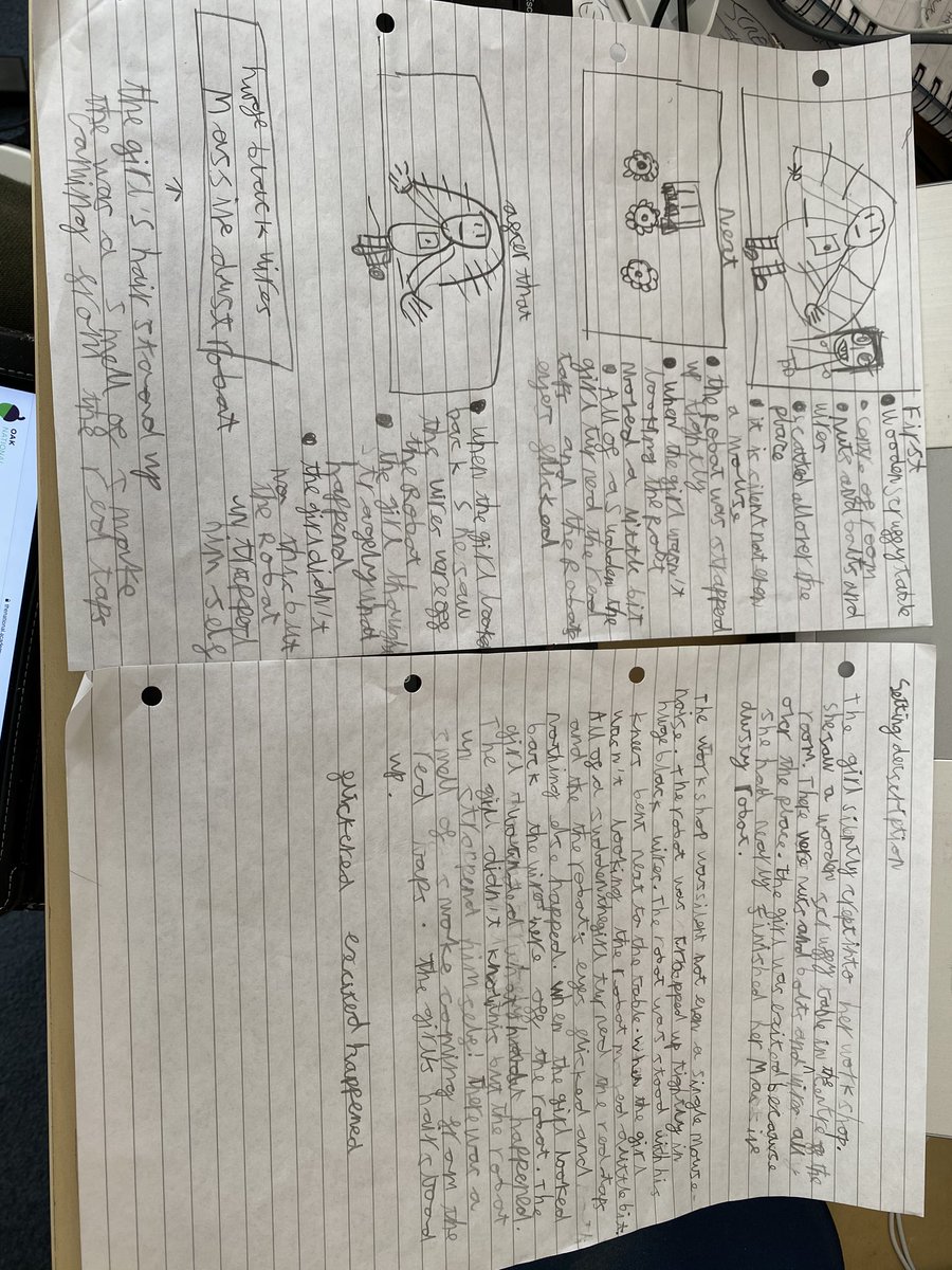 MartinWearne's tweet photo. @OakNational Our 7 year old enjoyed writing the setting description with Mr Mac. Planned out on the left and end product on the right. Thanks for the lessons, they’re great! #LearnWithOak https://t.co/rWJiYfsdoX