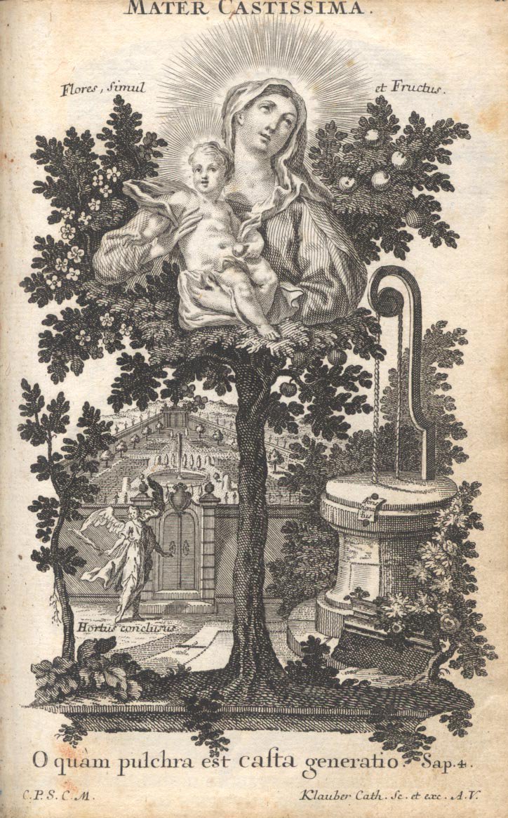 Mater castissima, ora pro nobis.Mother most chaste, pray for us.The Latin inscription reads:O quam pulchra est casta generatio"What a beautiful and chaste creature (generation)” (Wisdom 4:1)