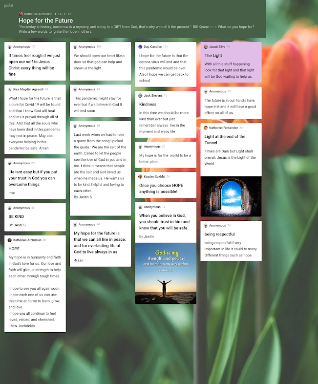 LesterBP_DPCDSB's tweet photo. Using Padlet to spread messages of Hope @DPCDSBSchools #pearsonproud #MyCatholicSchool #DPCDSB_IgnitingHope #CEW2020 https://t.co/MJfYZFTa7e