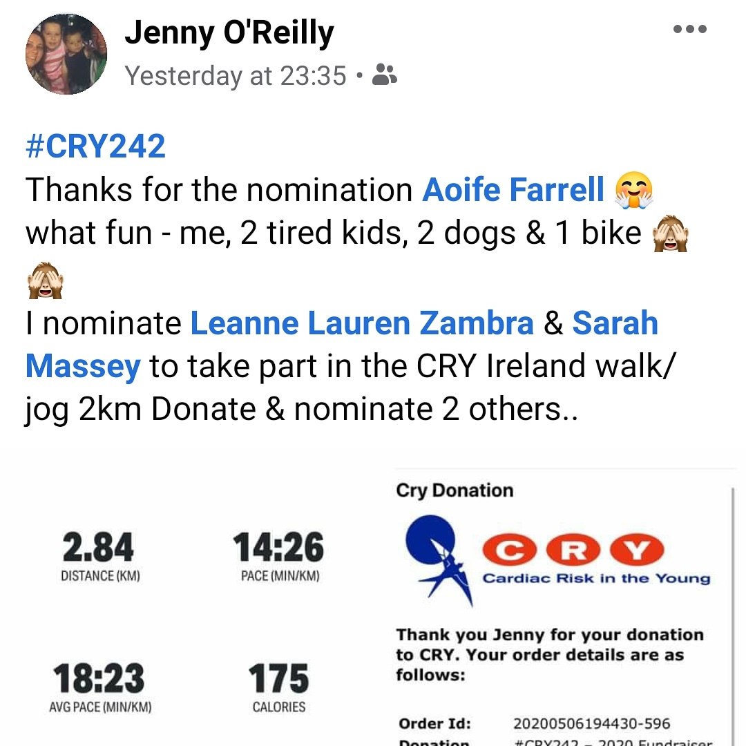 CRYIre's tweet photo. Thanks @aoifemaud for your help with the ##CRY242 #challenge. Jenny has completed her #challenge for #teamCRY.
#charity #FriendsOfCry #Fundraiser https://t.co/uYoH9DG3DI