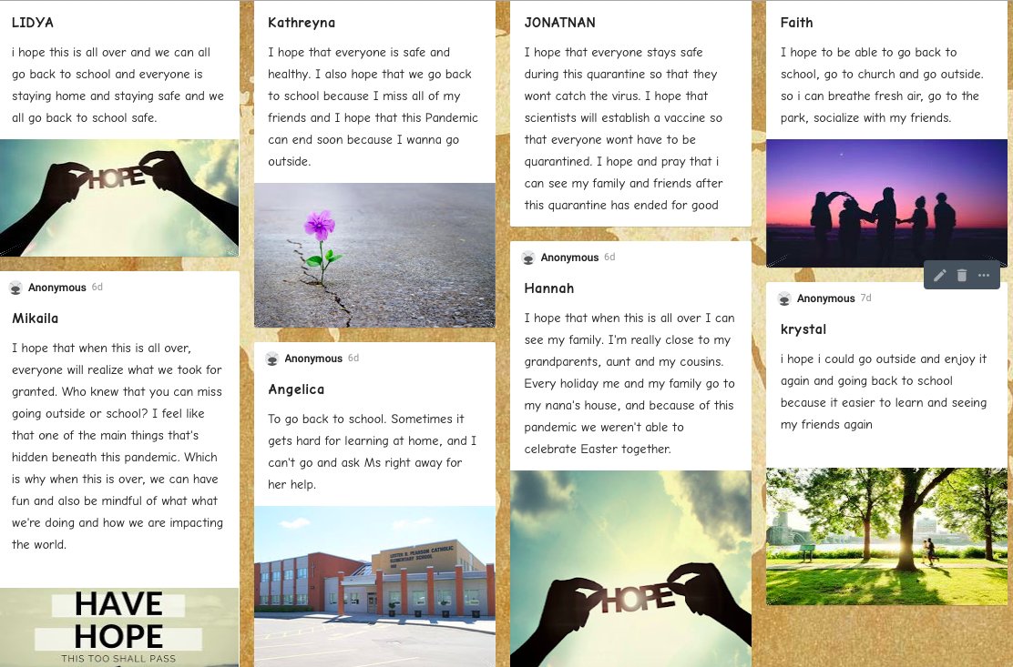 LesterBP_DPCDSB's tweet photo. Using Padlet to spread messages of Hope @DPCDSBSchools #pearsonproud #MyCatholicSchool #DPCDSB_IgnitingHope #CEW2020 https://t.co/MJfYZFTa7e