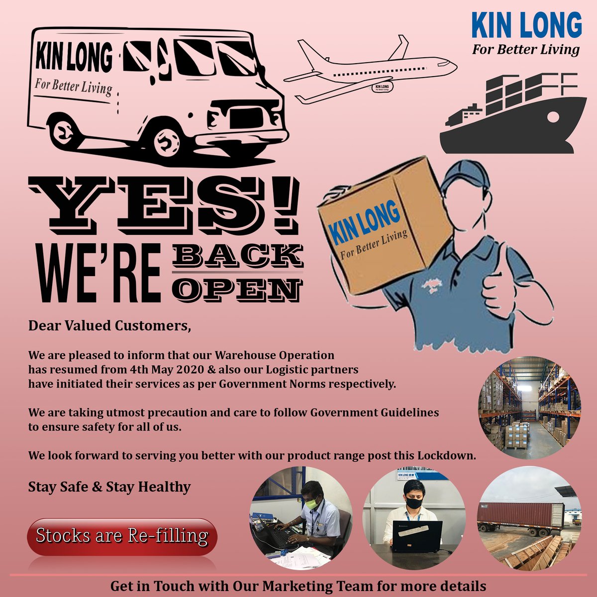 IndiaKinlong's tweet photo. Under Government #guidelines and careful #planning of our management, we are pleased to inform that our Warehouse Operation has #resumed from 4th May 2020. We look forward to #serving you better with our product range post this #lockdown

Stay Safe &amp; Stay Healthy
#kinlongindia https://t.co/3pQWSuOcsj