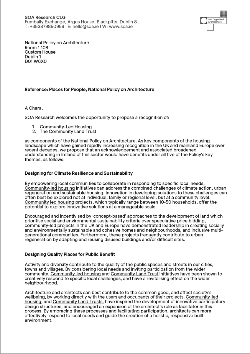 SOA_ie's tweet photo. SOA recently made a submission to the National Policy on Architecture, advocating for increased acknowledgment of Community-Led Housing, Community Land Trusts, and the role of the architect as facilitator with community-led groups in the co-creation of neighbourhoods @DeptAHG https://t.co/M3rxPIDrku