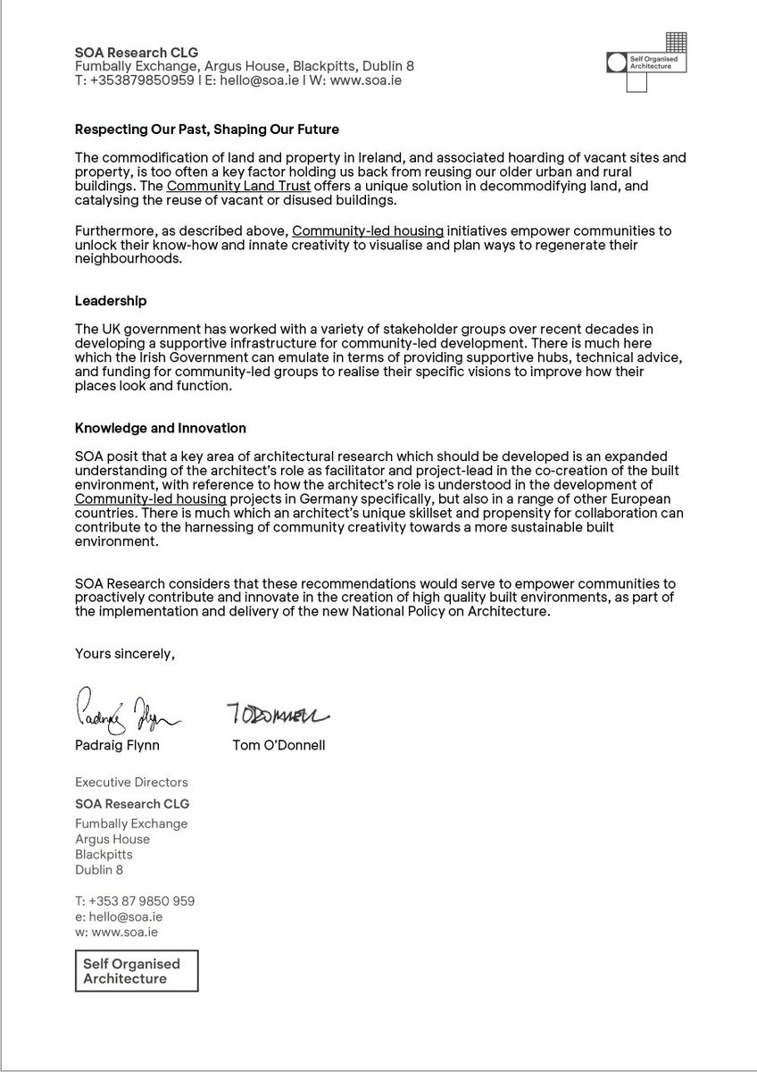 SOA_ie's tweet photo. SOA recently made a submission to the National Policy on Architecture, advocating for increased acknowledgment of Community-Led Housing, Community Land Trusts, and the role of the architect as facilitator with community-led groups in the co-creation of neighbourhoods @DeptAHG https://t.co/M3rxPIDrku