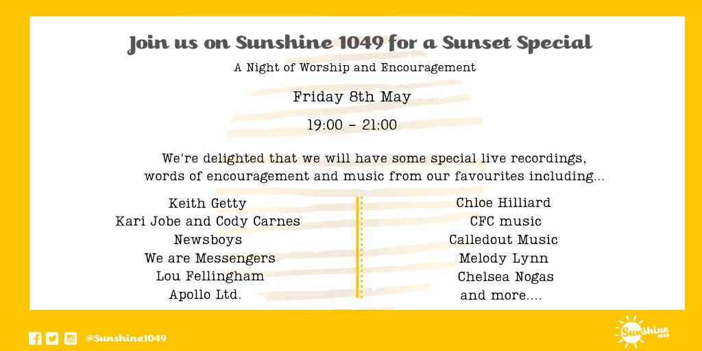 SunshineBelfast's tweet photo. We're really excited for our Sunset Special • tomorrow • evening on 1049, for an evening of worship and encouragement.

In addition to some amazing live recordings, some of our station favourites have taken some time out to record their words of encouragement. https://t.co/3hfydiyf8A