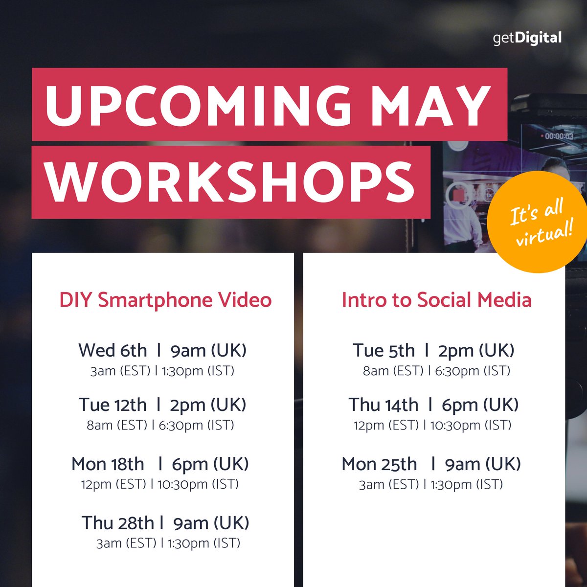 wearegetdigital's tweet photo. We're excited to share our upcoming May workshops! Whether you want to up your social media skills or learn how to produce professional videos with your Smartphones - book your space now!

https://t.co/oeoPFCch8k https://t.co/Iiycn2eEqx
