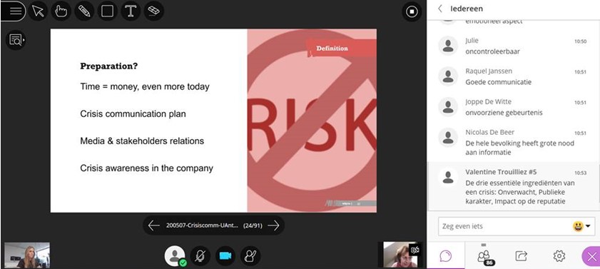 Happy to share our insights on crisis communication and issue management with more than 85 students and alumni of @masterMPC during our interactive online #guestlecture in #coronatimes. #whyteatwork #antwerpuniversity