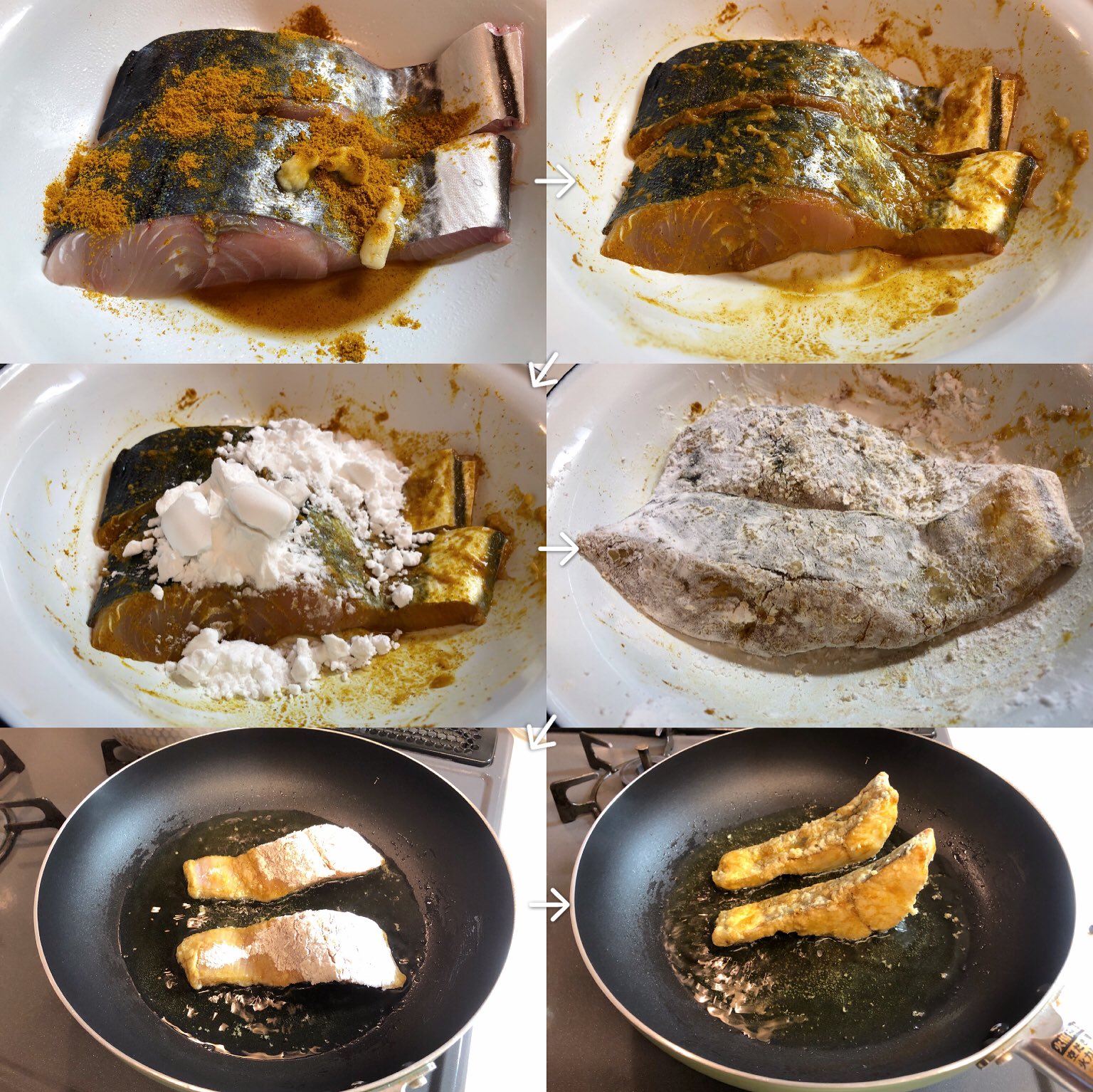 おりえ メモ 本日のメイン 鰆のカレー竜田揚げ カレー粉 小さじ1 2 生姜 ニンニク チューブで2cm 酒 少々 醤油 小さじ1 を揉み込んで10分 片栗粉 適量 を塗す フライパンに薄く オリーブ油 適量 を引いて全ての面をカリッと中火で揚げ