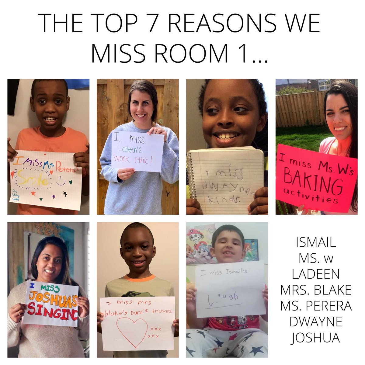 primaryautism's tweet photo. Together we created a list of the top 7 reasons why we miss room 1 #smile #workethic #kindness #bakingactivities #singing #dancemoves #laugh @tdsb @StGeorgesJPS https://t.co/2fN7xNdPLj
