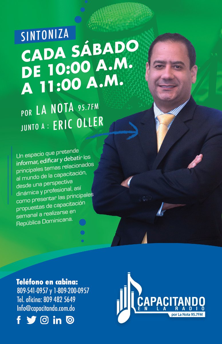 Capacitandord's tweet photo. Excelentes noticias! Este sábado 09 de Mayo retorna al aire Capacitando en la Radio a las 10AM por @LANOTA957FM https://t.co/EsgyE2akJS