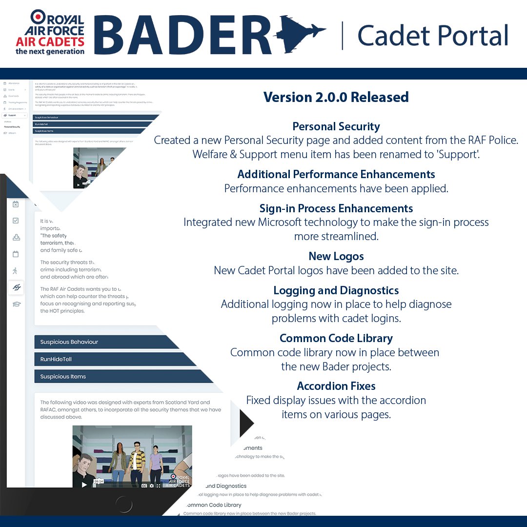 Cadet Portal has been updated to v2.0.0. Full release notes are available to CFAV on SharePoint at tinyurl.com/y8hhudgr and are available to Cadets when they login to Cadet Portal. <a href="/ComdtAC/">Commandant RAF Air Cadets</a> <a href="/aircadets/">RAF Air Cadets</a> <a href="/ACO_RCNORTH/">RC North - ACO</a>