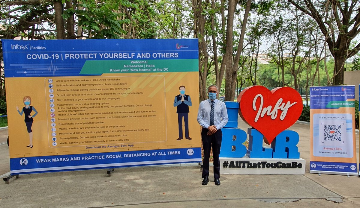 Infosys's tweet photo. As lockdowns begin to ease across India, our CEO Salil Parekh, along with a few Infoscions, get back to our campuses that are equipped and prepared for the ‘new normal’. #LifeAtInfy https://t.co/PxhDVsQHEo