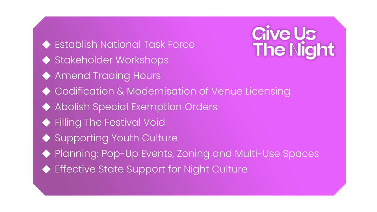 GiveUsTheNight's tweet photo. Our 9-point plan to help steer the night-time economy and events sector through these difficult times. Read through the thread for each point or directly to full thing here https://t.co/HMt3ZZ7yQf #giveusthenight https://t.co/49A4PRHxhW