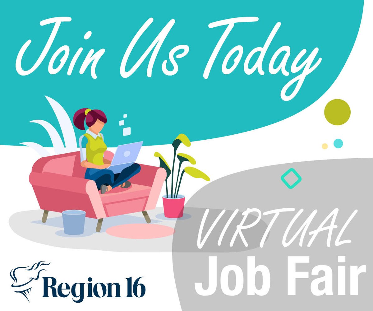 Region16ESC's tweet photo. We hope you can join us today for our Virtual Job Fair. Get contact information and see the latest job posts from ISDs all across Region 16. Click the link below to register for this free event. https://t.co/SIdssQyDYm https://t.co/4YQZWScUSP