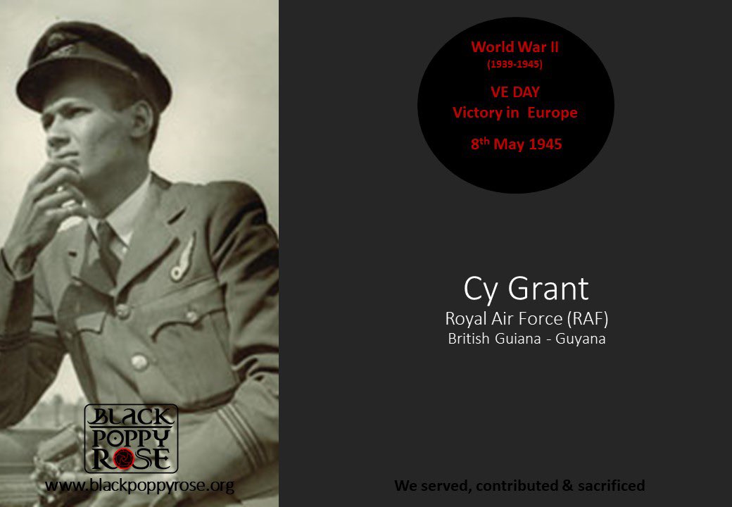 Blackpoppyrose's tweet photo. Cy Grant 
Left BRITISH Guiana - Guyana to serve in the RAF 
Learn his story @windrush1948 
#VEDay #WWII #BlackPoppyRose
#WeWillRemember #YIWAE #FamilyLegacy #WeWereThere #Poppy #BlackPoppy #Commonwealth #BritishEmpire #RAF #ATS #RWAFF #KAR #britishguiana #guyana🇬🇾 https://t.co/YIfVHaE2r1