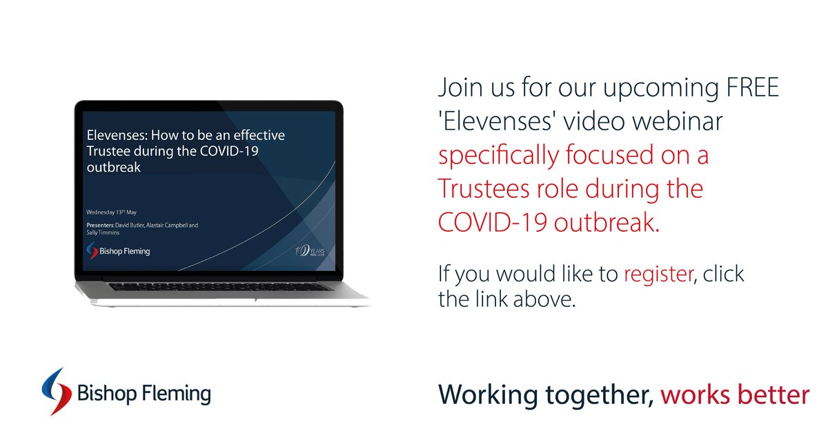 BishopFlemingUK's tweet photo. Register for our upcoming webinar, 'How to be an effective Trustee during the COVID-19 outbreak' which takes place Weds 13th May. The webinar will provide practical advice on a range of topics. Find out more and book your place here: https://t.co/jbSNNH0po0 #COVID19 #webinar https://t.co/JNGfSNqQ22
