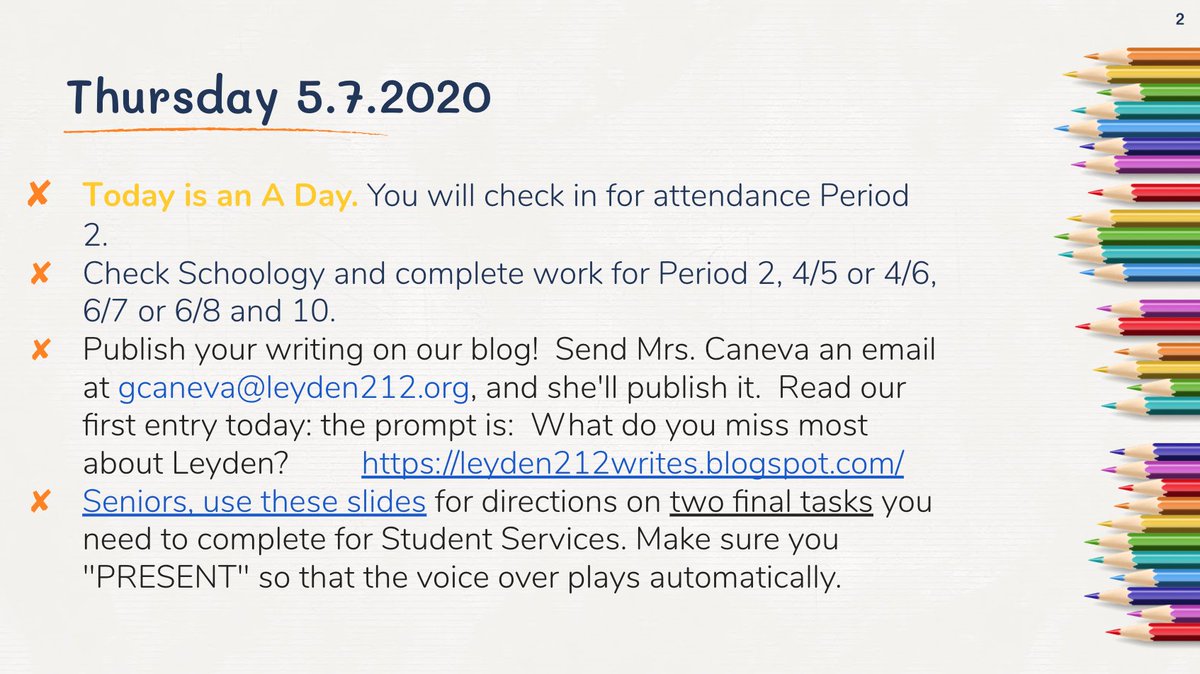 Morning #leydenpride!  Today is an A day.  Checkout the first entry on the leyden blog.  Seniors: see an important message from Student Services!