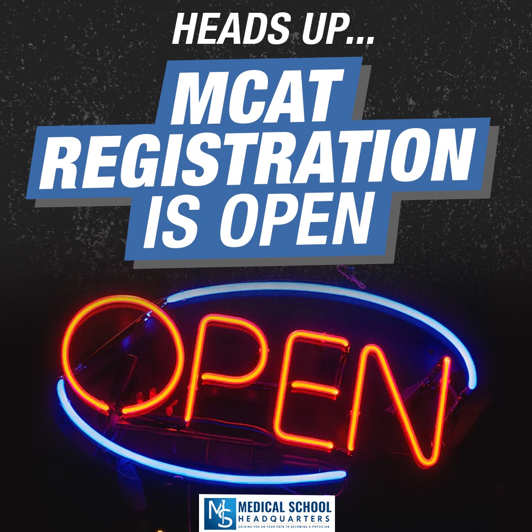 medicalschoolhq's tweet photo. The #MCAT registration page is open for business! Go sign up (assuming it hasn’t crashed). Good luck! Don't forget to check out @Mappdapp and https://t.co/wyIOloyXDE after you're done! #premed https://t.co/k5BxvQE3gK