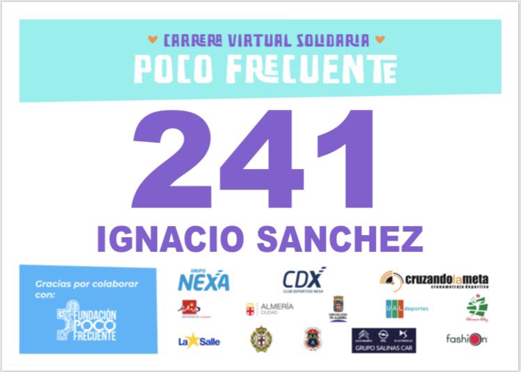 Este es mi dorsal para una carrera virtual solidaria. Una carrera poco frecuente.
Empiezo a correr y me he quitado las tobilleras, no os relajéis que os pillo! @mariofg87 <a href="/marlon/">Marlon Brown</a> @franiribarrne <a href="/cvalmeria/">Unicaja Costa de Almería Voleibol 🏴󠁧󠁢󠁥󠁮󠁧󠁿💚</a> <a href="/pacoalonsom/">Paco Alonso</a> <a href="/palharini/">Paulo Palharini</a>.marlon @alfredo020774 
#carrerapocofrecuente