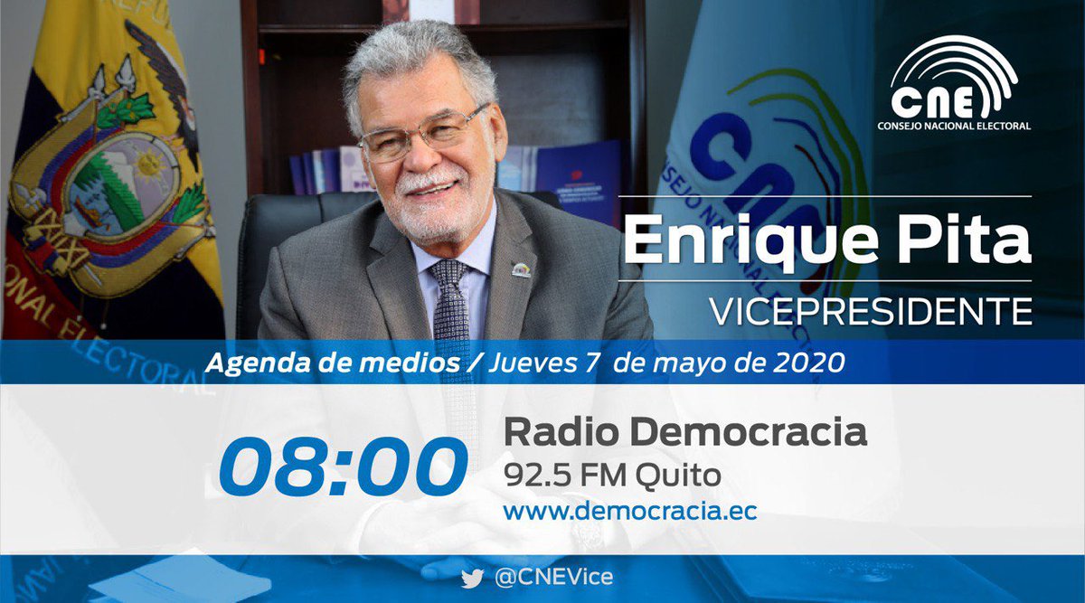 CNEEsmeraldas's tweet photo. #CNEInforma • Te invitamos a seguir la entrevista que tendrá hoy el vicepresidente #EnriquePita  con radio @democraciaec 📻. ¡Sintoniza y acompáñanos! https://t.co/gnXEDdjNCq