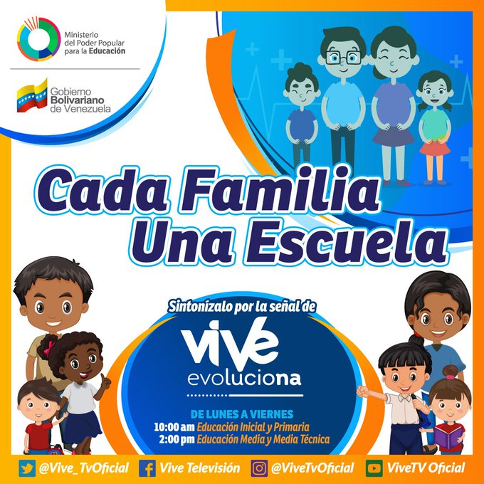 ¡𝐓𝐨𝐦𝐚 𝐍𝐨𝐭𝐚!✍️🇻🇪 "CadaFamiliaUnaEscuela" es transmitido por ViveTV de lunes a viernes # ViveEvoluciona  # Multiplataforma UHF43, TDA 2301, Cantv 8, Inter 16, Netuno 75, Directv 116. # UniónSoberaníaYPaz  @ NicolasMaduro  @ psuvaristobulo  @ RosangelaOrozco