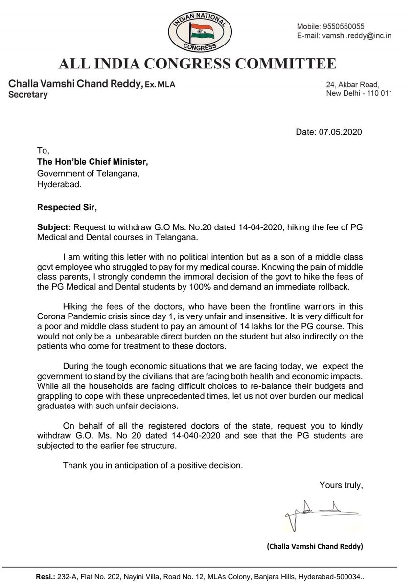 VamsiChandReddy's tweet photo. Wrote to the Hon'ble Chief Minister of #Telangana @TelanganaCMO requesting him to withdraw G.O. Ms. No. 20 dated 14.04.2020, hiking the fees of PG #Medical and #Dental courses.
Time we honour our #doctors #CoronaWarriors not burden them with hike in fees. https://t.co/OxGIwH1tO8