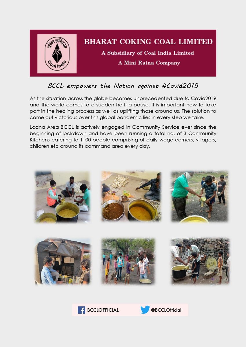 BCCLofficial's tweet photo. Lodna Area BCCL operating 3 Community Kitchens catering to over 1000 people with cooked meals in these trying times of #Covid2019 pandemic. 
#CoalWarriors #CovidWarriors https://t.co/tdurWF3zE8