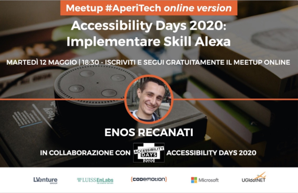 UGIdotNET (@ugidotnet) on Twitter photo 📣 #Aperitech <a href="/CodemotionIT/">Codemotion</a>
"Implementare Skill con Alexa"
📆 Martedì 12/05 -18:30 con <a href="/enosrecanati/">Enos Recanati</a>: come implementare funzionalità aggiuntive per gli assistenti vocali, in particolare per #Alexa, e come integrarli nelle nostre applicazioni.
community.codemotion.com/accessibility-…
#a11ydays 📣 #Aperitech <a href="/CodemotionIT/">Codemotion</a>
"Implementare Skill con Alexa"
📆 Martedì 12/05 -18:30 con <a href="/enosrecanati/">Enos Recanati</a>: come implementare funzionalità aggiuntive per gli assistenti vocali, in particolare per #Alexa, e come integrarli nelle nostre applicazioni.
community.codemotion.com/accessibility-…
#a11ydays