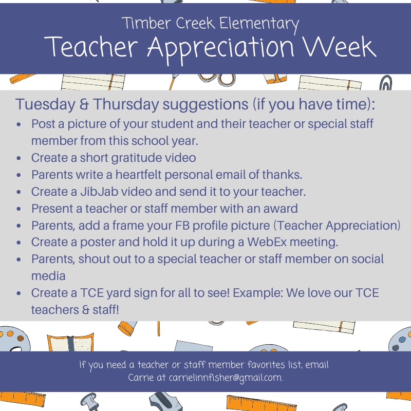 TimberCrElemPTA's tweet photo. TCE APPRECIATION • Tuesday &amp; Thursday suggestions: https://t.co/GD3vt35RIj