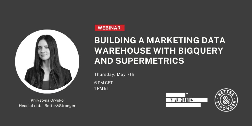 Don't miss our BigQuery webinar later today! ⏰

Join @k_grynko from <a href="/BettrStrongr/">Better&Stronger</a> as she shares everything she knows about building a marketing data warehouse with BigQuery &amp; Supermetrics. 👩‍💻

You can still secure your seat ▶️ow.ly/Z2tU50zqmBF