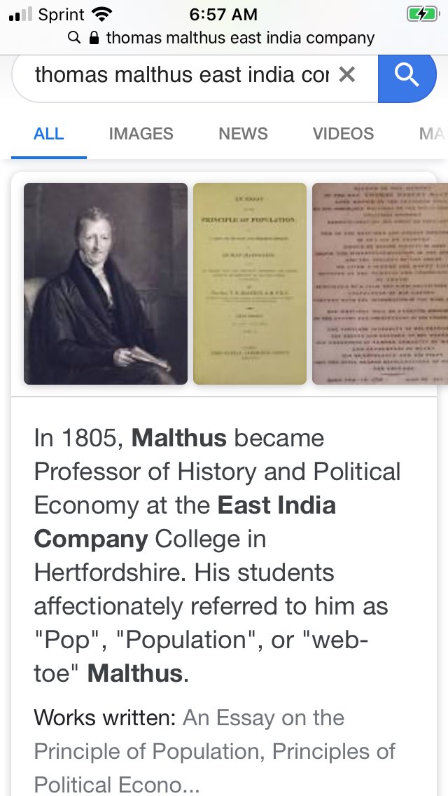 @TricksyRaccoon @KetanJ0 @TEGNicholas If it helps add another receipt to your file, I was able to win one debate on Malthus depopulation merely by pointing out his employer was THE colonialist company of his time if not all-time—East India Company.

He was 1800s biggest corporate shill—