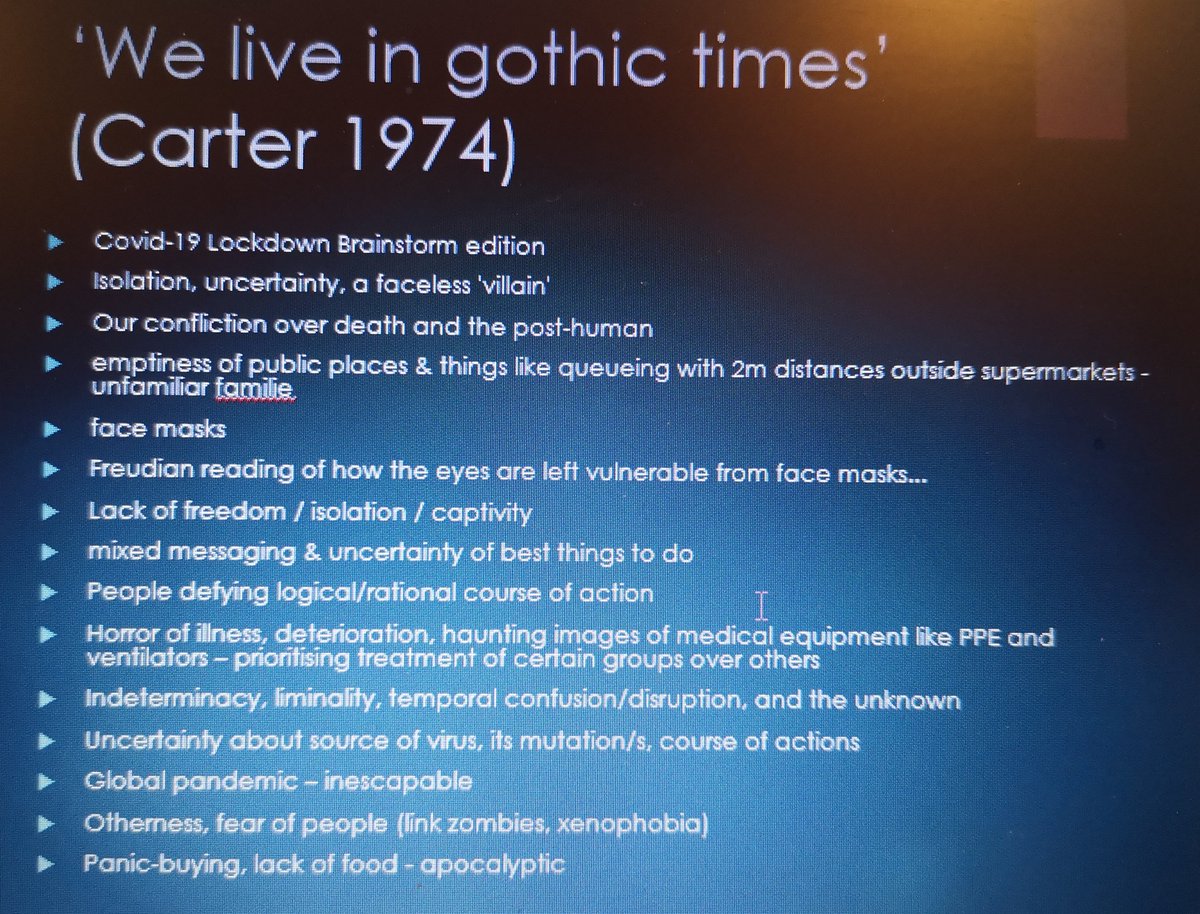 lucyella13's tweet photo. Did a #covid19lockdownedition brainstorm in reponse to #AngelaCarter's quote 'we live in gothic times' in my #GothictoGoth #seminar today - anything to add to these ideas from #SLL students? #gothic #pandemic @SurreySLL @Surrey_LitPGRs #surrey https://t.co/nbSl6cweMK