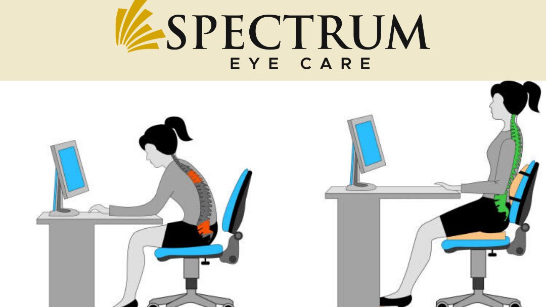 Spectrum_EC's tweet photo. Poor posture can contribute to muscle tightness and headaches associated with eye strain. Adjusting your posture may help to alleviate these symptoms.  
#hamiltoneyedoctor #hamiltonoptometrist #spectrumeyecare #spectrumfamilyeyecare #healthyeyes https://t.co/eclxgHtSZk