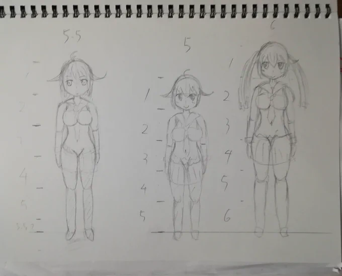 頭身について落書き
描いてて違和感無いのは5頭身だけども、上手い人の絵は6頭身より頭身が高い。自分も6頭身で描きたいけど描くと違和感が…
まぁまだまだ下手なだけだと思いますが 