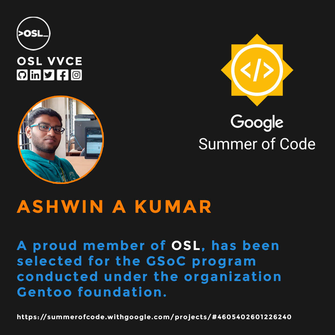 osl_vvce's tweet photo. We are excited to announce that Ashwin A Kumar has been selected from @gsoc 
https://t.co/Fw9lDu27N8

#google #googlesummerofcode #gsoc2020 #gsoc20
#osl_vvce #teamosl #opensourcecommunity @vvceofficial #vvce #vvceofficial #vidyavardhakacollegeofengineering https://t.co/pZzFm2cIry