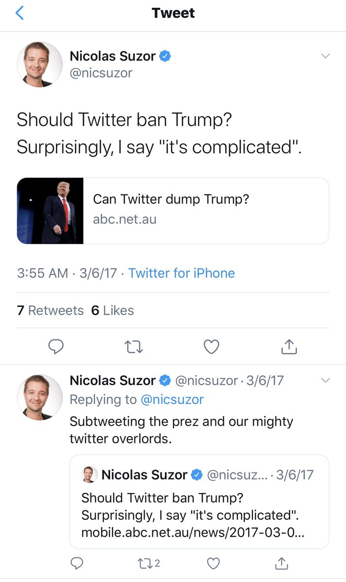 4. Surely, Rusbridger’s work to shut down the President’s speech is an outlier on Facebook’s “free expression” board? Not a pattern here, right?Nope!Here’s Nicolas Suzor saying “it’s complicated” when asked if Twitter should deplatform the President.